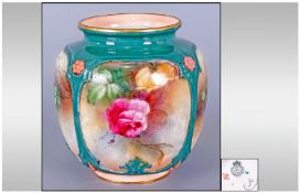 Royal Worcester Hadley Small Vase, continuous, hand painted scene of roses around the body, divided