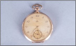 Open Faced Omega Pocket Watch, Engine Turned Gilt Dial, Arabic Numerals With Subsidiary Seconds.