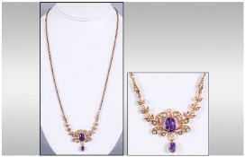 Victorian 15ct Gold Amethyst And Seed Pearl Pendant Necklace, Comprising Two Central Oval Amethysts