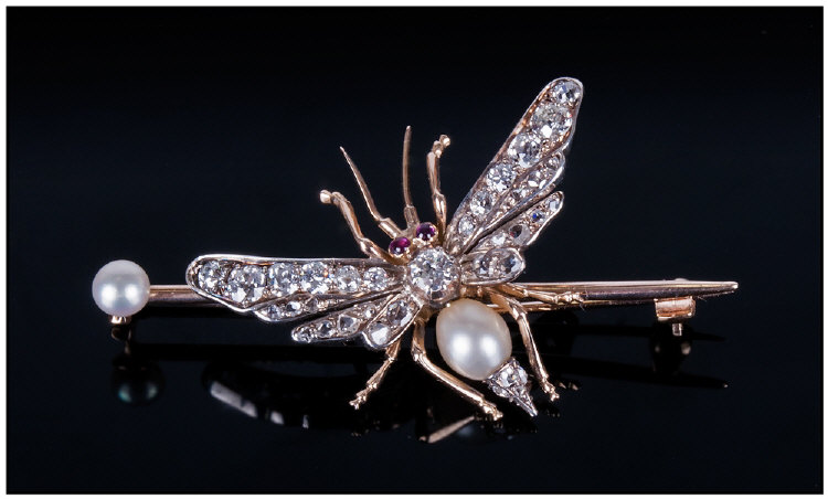 Antique Fine 18ct Gold Dragonfly Brooch, set with cushion cut diamonds and rubies plus two natural