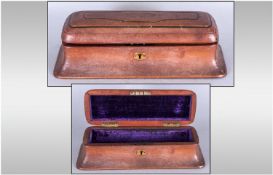 Victorian Domed Topped Tooled Brown Leather Lidded Box with Splayed Outsides with Purple Silk