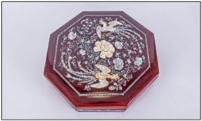 Fine Quality Chinese Lacquered Octagonal Shaped Feather Box, decorated to the top with mother of