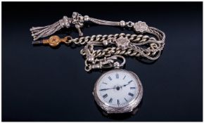 Swiss Ornate Ladies Silver Open Faced Fob Watch, with fancy engraved case. Fitted on two antique