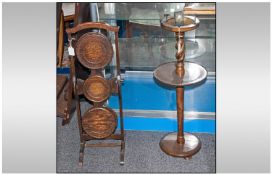 A 1930s Barley Twist Stem Column ashtray with Brass Fitments Together with Small Oak Newspaper Rack