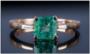 18ct Gold Set Single Stone Emerald Ring, the natural Columbian square cut emerald of good colour
