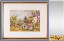 A Watercolour of an English Country Cottage Garden, with a Girl walking down a side path. Signed W.