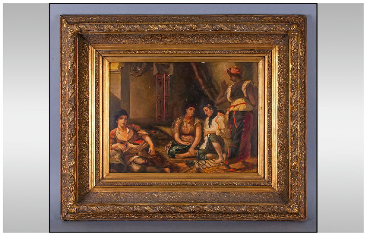 An Oil Painting on Wood Panel, of a Middle Eastern Subject of Ladies In a Room Setting. Monogrammed