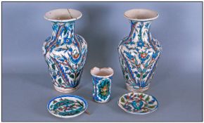 Five Antique Middle Eastern Decorated Pottery Items, a pair of vases, 10.5`` inheight, small