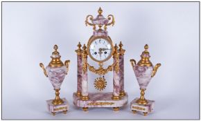 French Japy Freres Century Guilt and Marble Garniture Clock Set. 8 Day Movement, Striking on a