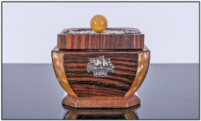 French Macassar Wood 1920s Lidded Trinket Box, square shape with applied silver decoration of
