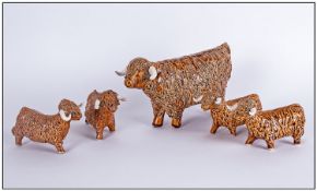 Scottish Studio Pottery Highland Bulls (5) in total. Various sizes and heights.