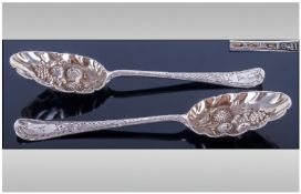 Victorian Boxed Set Of Solid Silver Serving Spoons, embossed fruit design in the head, with an