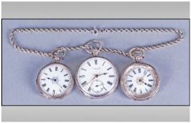 Three Ladies Silver Openfaced Fob Watches all with white porcelain dials & Roman numerals Largest