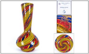 Rare Murano Art Glass Vase with Spiral Decorations and Chevrons to the Body in Swirling Yellow, Red