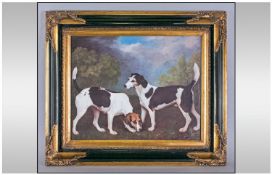 A Coloured Print of Hunting Dogs, after Stubbs. In a Fancy Gilt and Black Frame. Overall Size 28 x