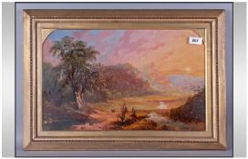 Victorian Oil Painting On Panel depicting an extensive landscape at dusk with figures in the