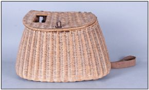 Antique Kreel Wicker Fishing Basket Of Typical Form, with a leather strap. In good condition.