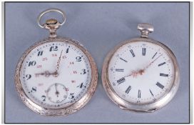 Silver Openfaced Pocket Watch white enamelled dial with Roman numerals, 47mm floral engraved case.