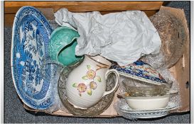 Box Of Assorted Ceramics & Glassware Including blue & white ribbon plates etc.