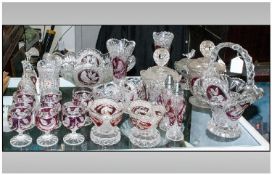 Collection of Glassware. Ruby Red Floral and Bird Decoration Including Bells, Wine Glasses, Flower