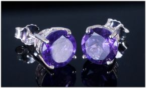 Amethyst Solitaire Stud Earrings, large, rich purple, round cut amethysts, the two totalling 5.