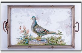 An Unusual Painted Glass Tray of a Racing Pigeon from the 1930`s. With mother of pearl shell