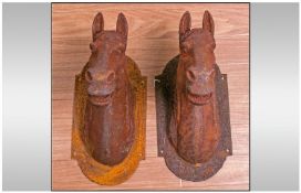 Pair Of Cast Iron Horses Head Stable Yard Wall Appliques showing the full head of the Horse on a