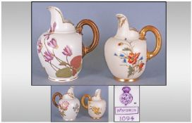 Royal Worcester Blush Ivory Hand Painted Helmet Shaped Jugs, 2 In Total. With floral decoration.