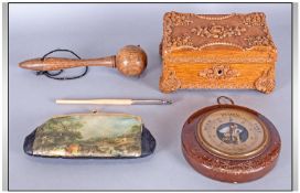 Assorted Collectables comprising barometer, wooden jewellery box, wrist watch, small doll, bobbin
