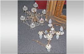 Pair of Three Branch Hanging Chandelier with Porcelain Sconces and Porcelain Centre Decorated with
