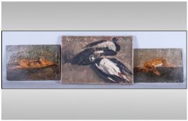 Set Of Three 19th Century Oil Paintings, 1. Pair of paintings, still life of hare. Oil on board,