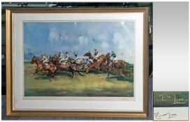 A Large Signed Limited Edition Print of Horses and Jockeys, Jumping the Fence. Probably The Grand