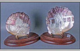 Fine Pair Of Vintage Large Carved Naples Conch Shell Plaques & Stands, shells 7`` in height.