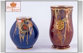 Crown Devon Fieldings 1930`s Lustre Vases 2 in total. 1. Ruby lustre Mattajade Vase, 6`` in height,