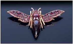 Victorian Very Fine Gold Bohemian Garnet Set Dragonfly Brooch Circa 1860`s. Set with large teardrop