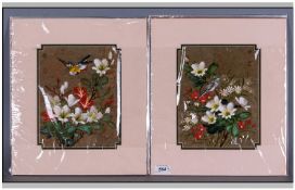 A Pair Of Chinese Watercolour Drawings On Paper Depicting Birds Amongst Flowers & Foliage in bright