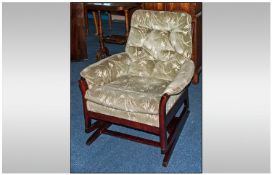 Contemporary Rocking Chair with Mahogany stained frame, platform rocking base, upholstered in