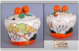 Clarice Cliff Handpainted Lidded Preserve Pot, `Idyll` pattern. Circa 1933, 3`` in height.