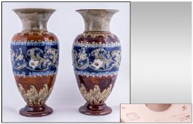 Doulton Lambeth Ware Very Fine Matched Pair Of Tall Vases with finely embossed decoration to each