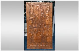 Wooden African Carved Plaque Depicting Figures In Tribal Dressing. 17.75x35``