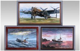 Three Various Oils on Board Comprising two Ships and One Aircraft signed R J Downer, average size