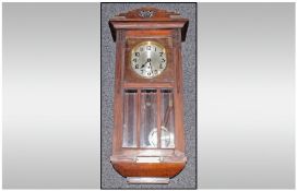 Oak Cased Wall Clock, Arabic Numerals Silver Dial 34`` High with Pendulum and Key