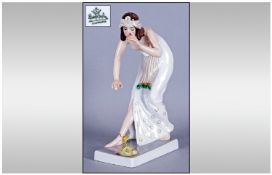 Rosenthal Art Deco Figure `Female Snake Charmer` Hand decorated partially nude woman bending over a