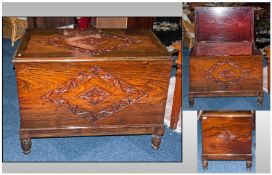 Carved Mahogany/Teak Lidded Box/Coffer on unusual carved pinapple feet with a wall carved top &