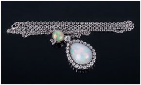Ladies Edwardian Style Opal & Diamond Pendant Drop Necklace, all millegrain set white mount. Round