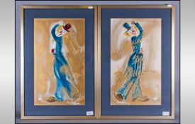 Framed Spanish Clown Paintings in gilt frames. 11 by 19 inches. signed and dated Anna Florian 1983.