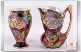 Crown Devon Fieldings Lustre Jug & Vase, Circa 1930`s 2 items. `Spiders Web` design on ruby red