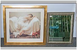 Modern Framed Classical Print of a Sleeping Lady. Together with Contemporary Framed Mirror,