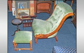 Victorian Nursing Green Upholstered Lounge Chair in walnut frame. with matching foot stool & small