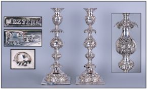 Russian Late 19th Century Imperial Court Fine Pair Of Silver Baluster Columns Candlesticks Maker M.